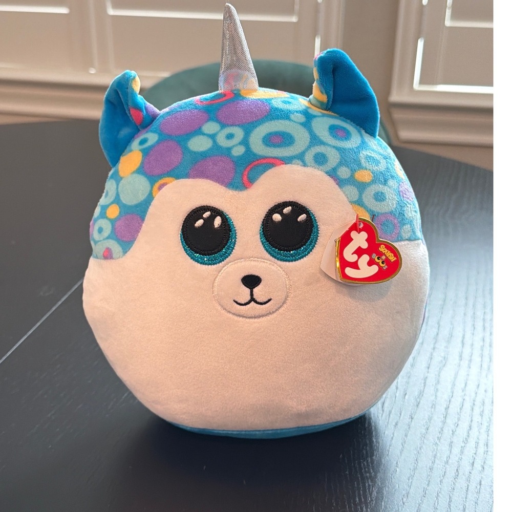 Ty Squish-a-Boos Helena the Husky Unicorn Blue Circle Pattern Plush Toy 10 inch